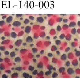 élastique plat très belle qualité couleur léopard  fond beige doré et taches fushia  marron largeur 140 mm rigide prix au mètre