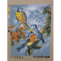 canevas 30X40  thème les 3 oiseaux FABRICATION FRANCAISE finition retouché a la main artisanale 100 % coton