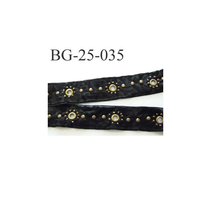 ruban  galon  velours couleur noir et oeillets et décor métal couleur laiton clair largeur 25 mm  prix au mètre