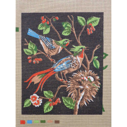 canevas 30X40 FABRICATION FRANCAISE finition retouché a la main artisanale thème oiseaux nid dimension 30cm 40cm 100 % coton