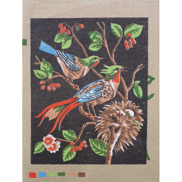 canevas 30X40 FABRICATION FRANCAISE finition retouché a la main artisanale thème oiseaux nid dimension 30cm 40cm 100 % coton