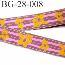 galon ruban sangle fine épaisseur 1 mm couleur vieux rose liseret vert fleur orange et rose superbe largeur 28 mm prix au mètre 