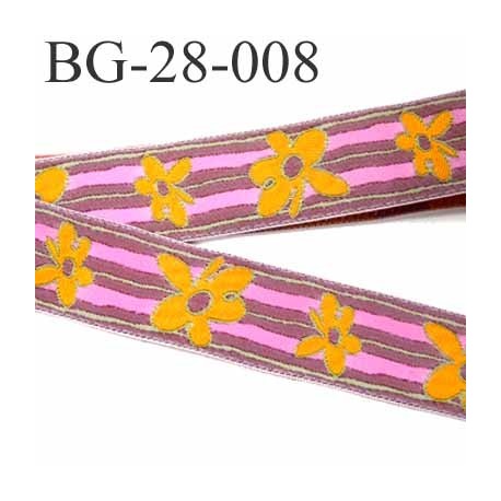 galon ruban sangle fine épaisseur 1 mm couleur vieux rose liseret vert fleur orange et rose superbe largeur 28 mm prix au mètre 