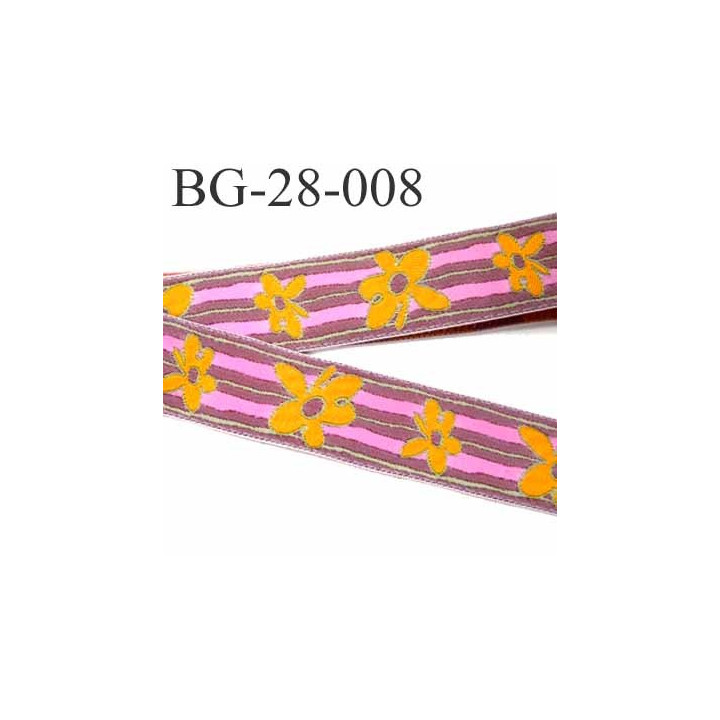 galon ruban sangle fine épaisseur 1 mm couleur vieux rose liseret vert fleur orange et rose superbe largeur 28 mm prix au mètre 