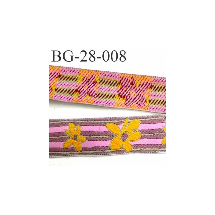 galon ruban sangle fine épaisseur 1 mm couleur vieux rose liseret vert fleur orange et rose superbe largeur 28 mm prix au mètre 