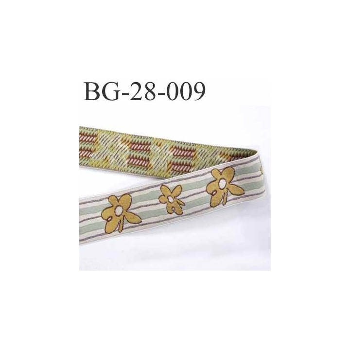 galon ruban sangle fine épaisseur 1 mm couleur crème vert et fleur or liseret marron superbe largeur 28 mm prix au mètre 