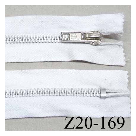 fermeture zip à glissière en coton longueur 20 cm couleur blanc non séparable largeur 3 cm glissière métal alu largeur 5 mm