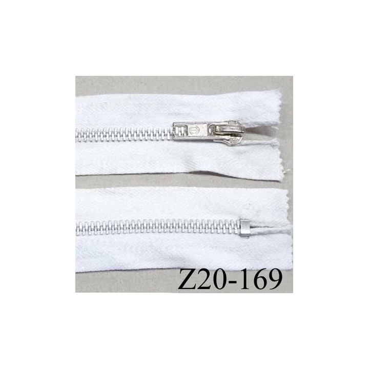fermeture zip à glissière en coton  longueur 20 cm couleur blanc non séparable largeur 3 cm glissière métal alu largeur 5 mm