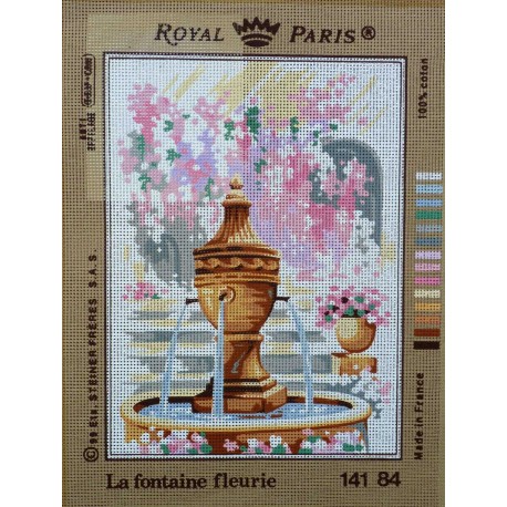 canevas 30X40 marque ROYAL PARIS thème la fontaine fleurie dimennsion 30 centimètres par 40 centimètres 100 % coton