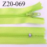 fermeture éclair longueur 20 cm couleur vert anis non séparable zip nylon largeur 2.5 cm