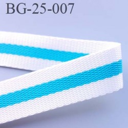 sangle biais ruban a plat polyèstère couleur blanc et bleu turqouise largeur 2.5 cm épaisseur 1.5 mm très très solide au mètre