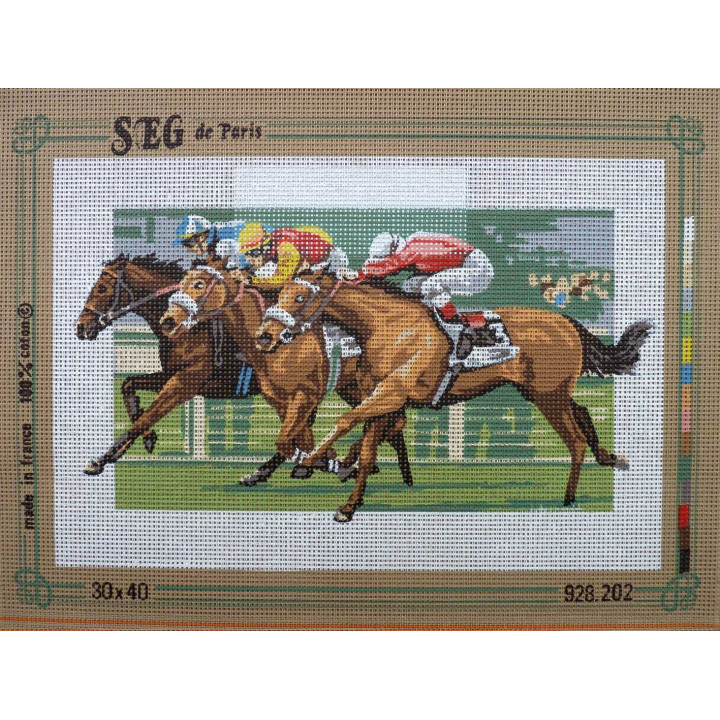canevas 30X40 marque SEG CREATION DE PARIS thème course de chevaux dimension 30  par 40  100 % coton fabrication en france