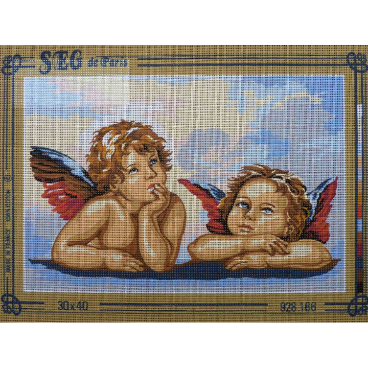 canevas 30X40 marque SEG DE PARIS thème les anges  dimension 30 cm par 40 cm 100 % coton fabrication en france