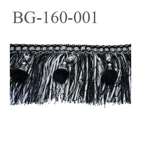 galon frange largeur 160 mm avec pompon couleur noir et gris argenté haut de gamme prix au mètre