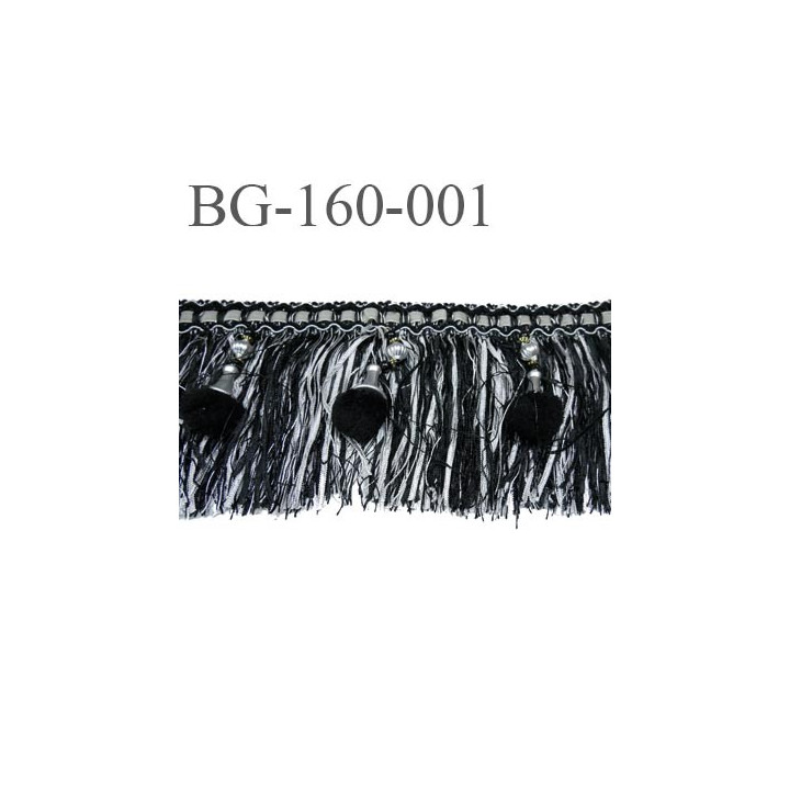 galon frange largeur 160 mm avec pompon couleur noir et gris argenté haut de gamme prix au mètre