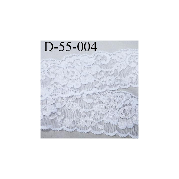 Dentelle blanche largeur 55 mm synthétique lycra élastique couleur blanc lumineux motif fleur prix au mètre