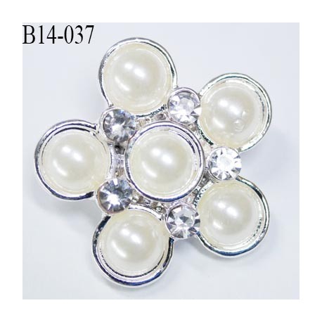 Bouton en forme de fleur avec perles incrustées nacré haut de gamme en métal diamètre 14 mm couleur nacré et acier chromé