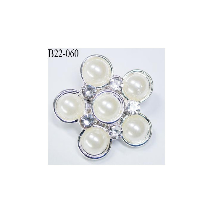 Bouton 22 mm en forme de fleur avec perles incrustées nacré haut de gamme  en métal diamètre 22 mm nacré et acier chromé