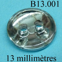 bouton 13 mm   couleur brillant chromé miroir sur une face et transparent sur l'autre 2 trous diamètre 12 millimètres