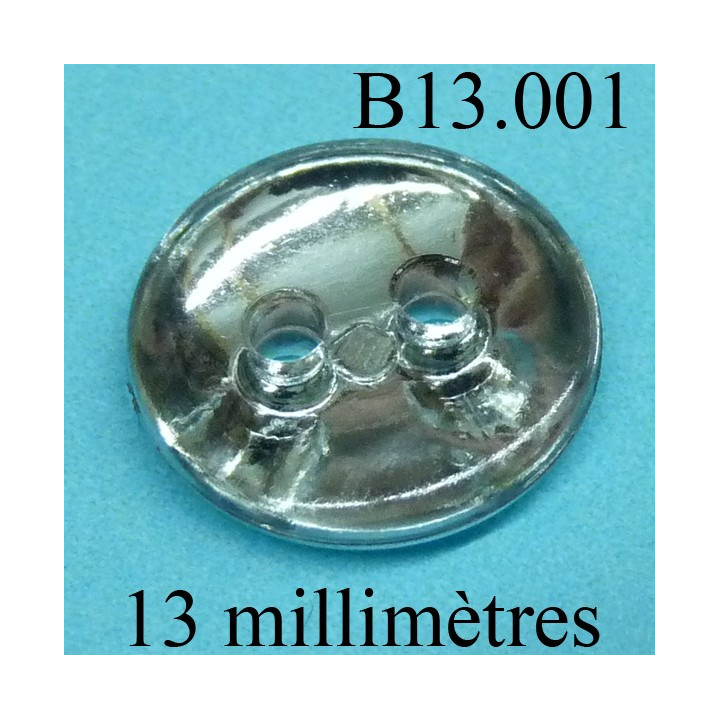bouton 13 mm   couleur brillant chromé miroir sur une face et transparent sur l'autre 2 trous diamètre 12 millimètres