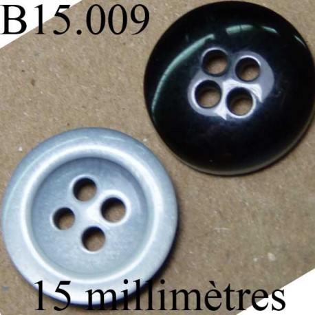 bouton 15 mm couleur gris une face et noir brillant l'autre face 4 trous diamètre 15 millimètres