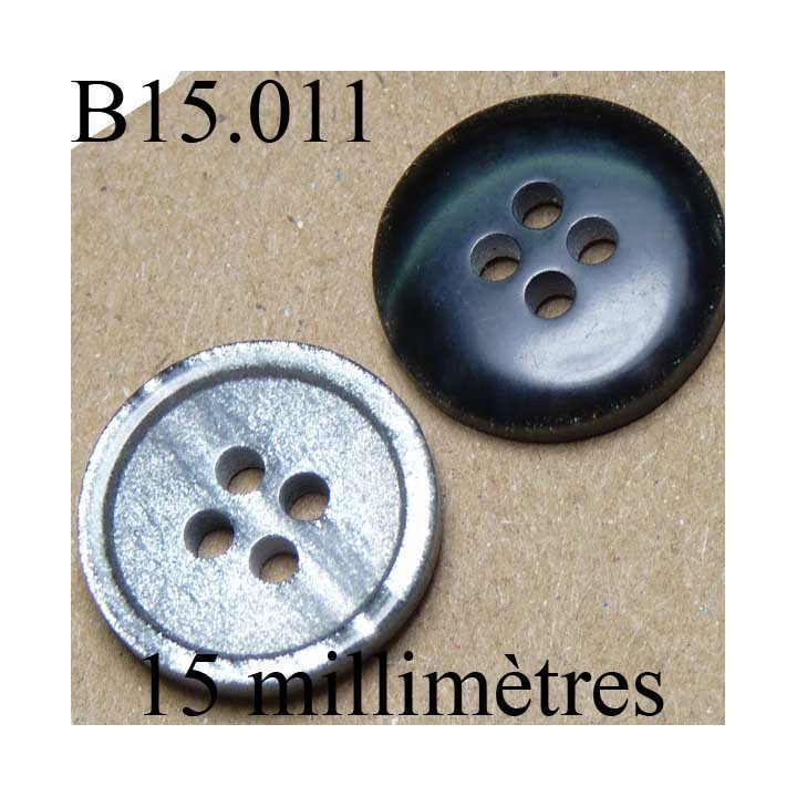bouton 15 mm   couleur  gris mabré très brillant une face et noir brillant l'autre face 4 trous diamètre 15 millimètres