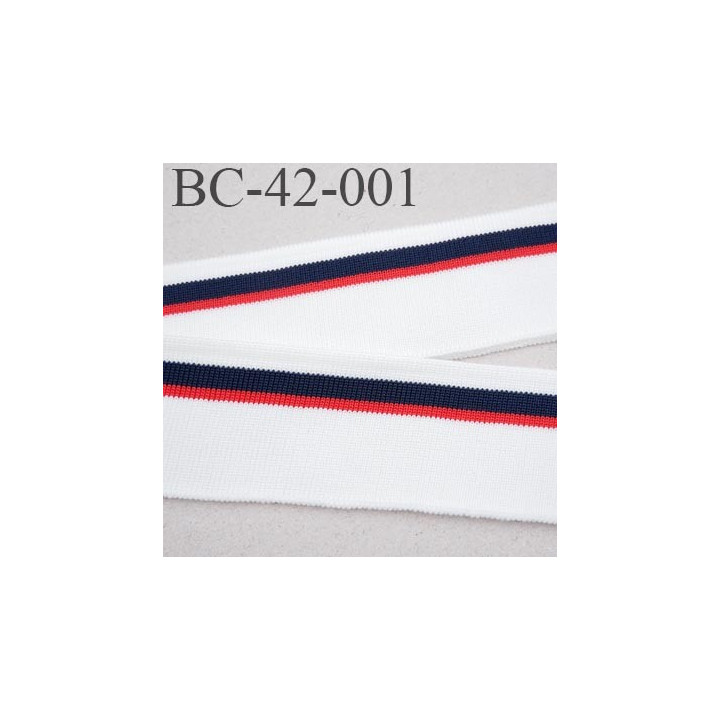Bord-Côte 42 mm bord cote jersey maille  synthétique couleur bleu  naturel et rouge largeur 42 mm longueur du bord cote 122 cm