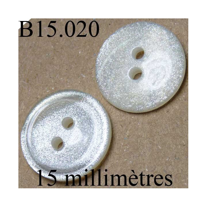 bouton 15 mm gris nacre pailleté  brillant  2 trous diamètre 15 millimètres