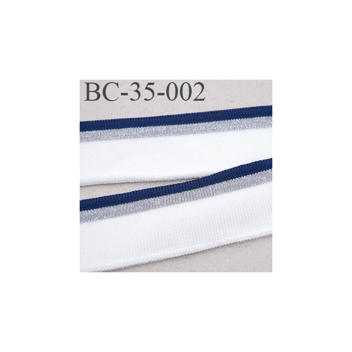 Bord-Côte 35 mm bord cote jersey maille  synthétique couleur bleu marine  naturel argent pailleté largeur 35 mm longueur 122 cm