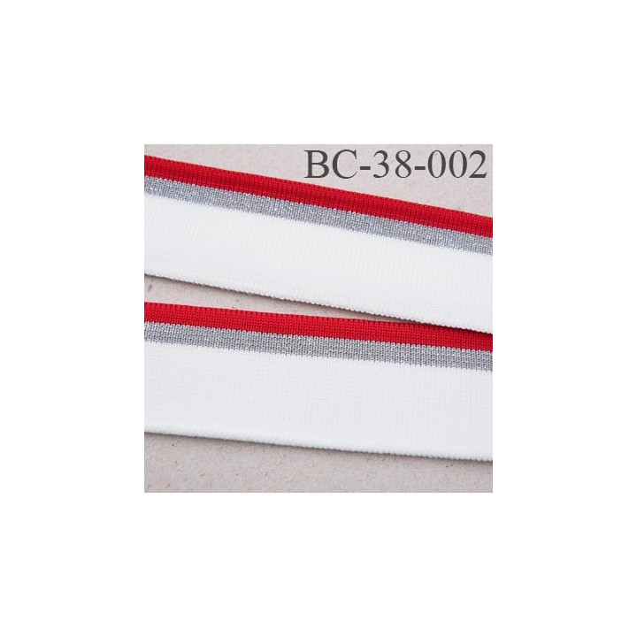 Bord-Côte 38 mm bord cote jersey maille  synthétique couleur rouge blanc naturel argent pailleté largeur 38 mm longueur 114 cm