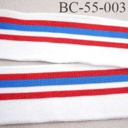Bord-Côte 55 mm bord cote jersey maille  synthétique couleur naturel  bleu et rouge largeur 55 mm longueur 125 cm