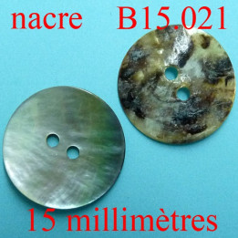 bouton 15 mm en nacre  brillant  2 trous diamètre 15 millimètres