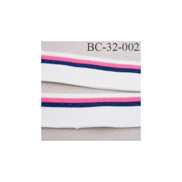 Bord-Côte 32 mm bord cote jersey maille  synthétique couleur naturel rose et bleu marine pailleté largeur 32 mm longueur 125 cm