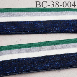 Bord-Côte 38 mm bord cote jersey maille  synthétique couleur naturel vert et bleu  argent pailleté largeur 38 mm longueur 122