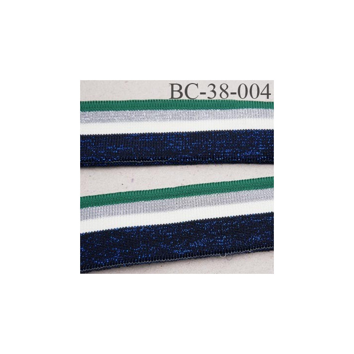 Bord-Côte 38 mm bord cote jersey maille  synthétique couleur naturel vert et bleu  argent pailleté largeur 38 mm longueur 122