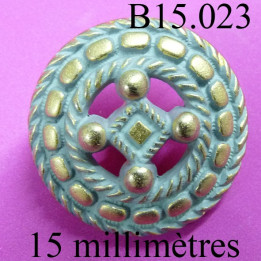 bouton 15 mm couleur doré et gris en incrustation mat  accroche avec un anneau diamètre 15 millimètres