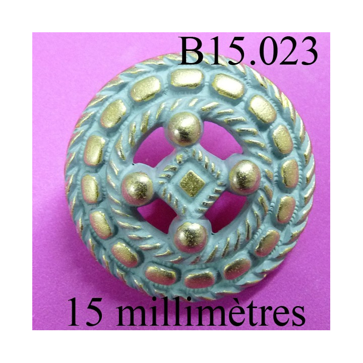 bouton 15 mm couleur doré et gris en incrustation mat  accroche avec un anneau diamètre 15 millimètres