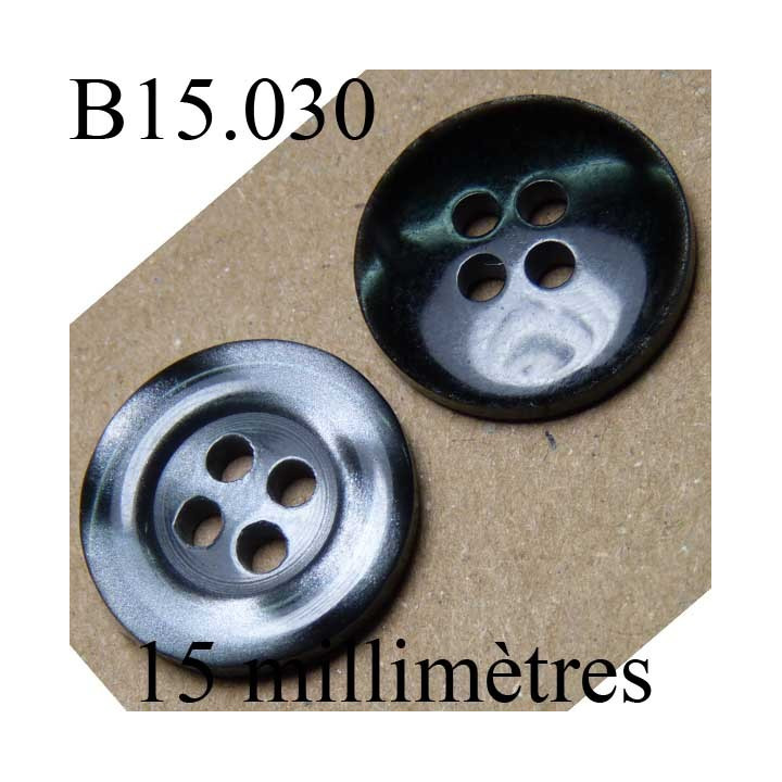 bouton 15 mm   couleur gris marbré brillant d'une face et noir brillant pour la 2 face 4 trous diamètre 15 millimètres