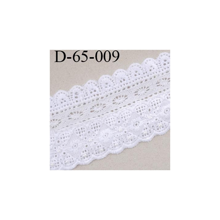 dentelle crochet 65 mm coton largeur 65 mm couleur blanc avec bande ecru de 15 mm et petites perles vendue au mètre
