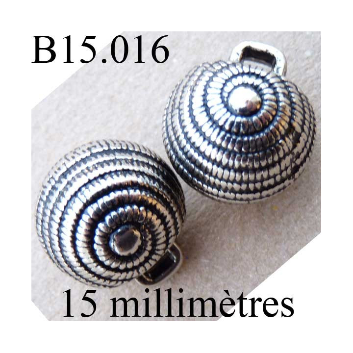 bouton 15 mm couleur argent avec incrustation noir accroche avec un anneau  diamètre 15 millimètres