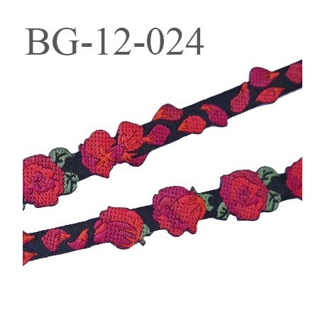 biais galon 12 mm noir et rouge avec motif de la rose dos PVC souple prix au mètre