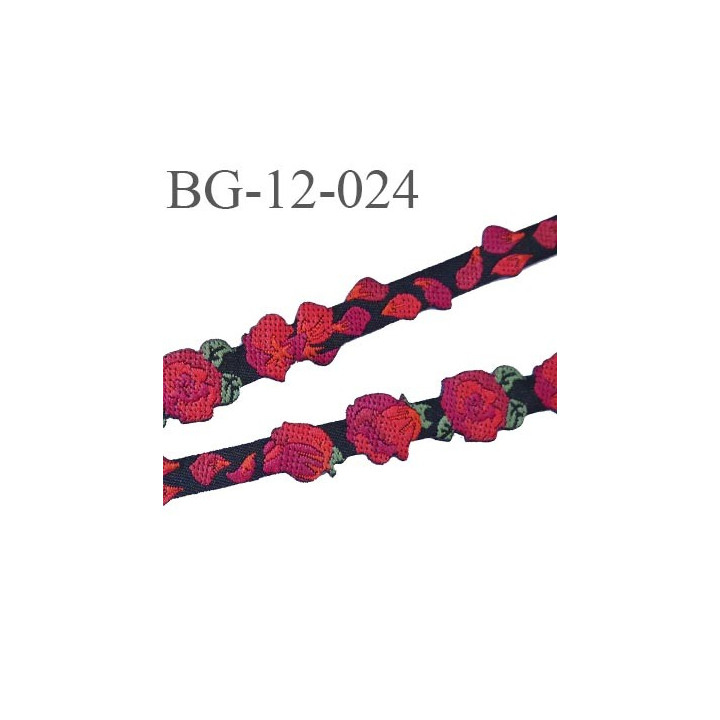 biais galon 12 mm noir et rouge avec motif de la rose dos PVC souple prix au mètre