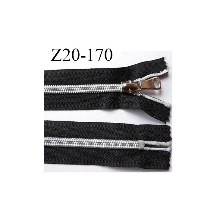 fermeture zip 20 cm noir avec glissière nylon argenté  largeur 3.3 cm largeur de la glissière 6.4 mm curseur en métal