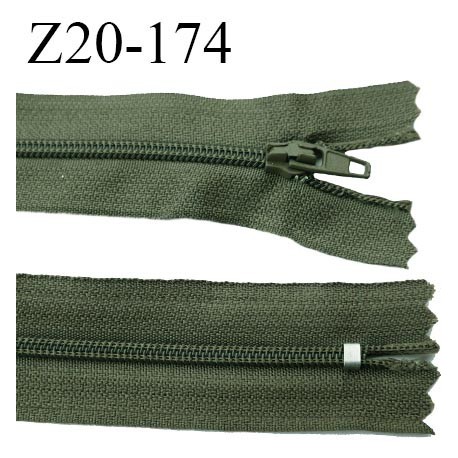 fermeture zip longueur 20 cm couleur vert kaki non séparable largeur 2.4 cm glissière nylon largeur 4 mm