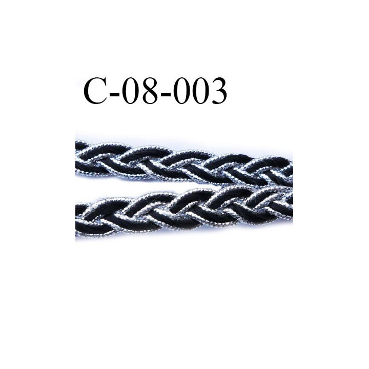 cordon tresse galon plat largeur 8 mm épaisseur 2.3 mm couleur noir et argent style lurex  prix au mètre