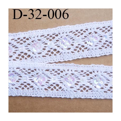 dentelle 32 mm crochet ancienne en coton largeur 30 mm couleur blanc avec des sequins prix au mètre