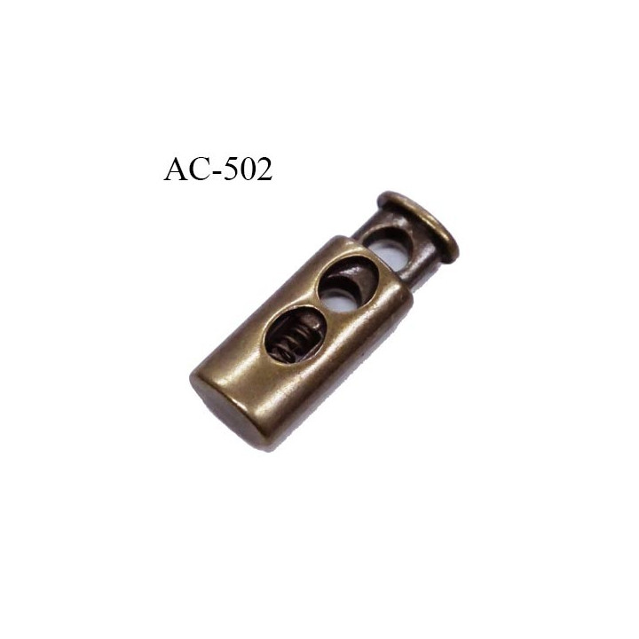 Stop cordon 2 trous  4 mm couleur laiton hauteur 27 mm largeur 10 mm épaisseur 6 mm passage du cordon max en largeur 4 mm