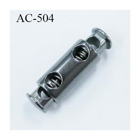 Stop cordon en métal 2 trous 4 mm couleur acier hauteur 25 mm diamètre 7.5 mm passage du cordon max en largeur 4 mm