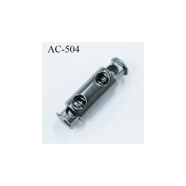 Stop cordon en métal 2 trous  4 mm couleur acier hauteur 25 mm diamètre 7.5 mm  passage du cordon max en largeur 4 mm