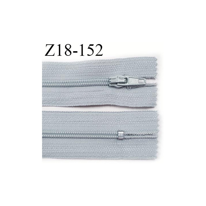 fermeture zip longueur 18 cm couleur gris non séparable largeur 2.4 cm glissière nylon largeur  4 mm